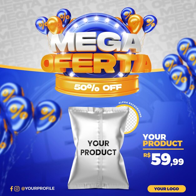 Blue mega offer promotion 50 percent off social media post template