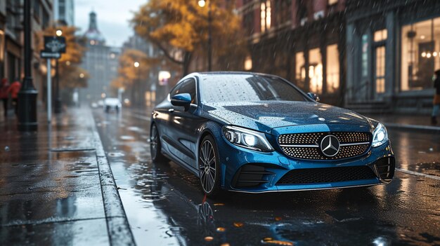 Blue mercedes benz c 260 l on a rainy day beautiful car wallpaper