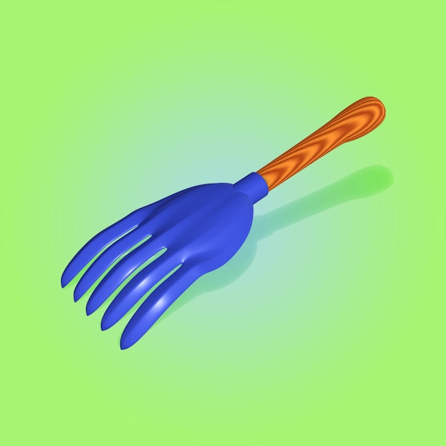 a blue metal fork with a wooden handle on it