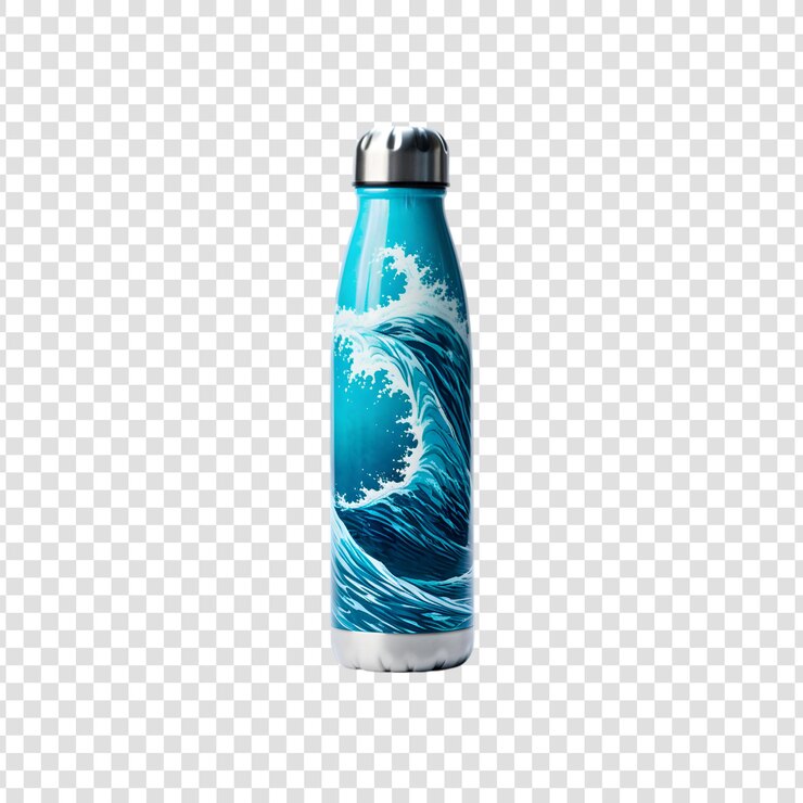 PSD blue metal water bottle isolated on a transparent background
