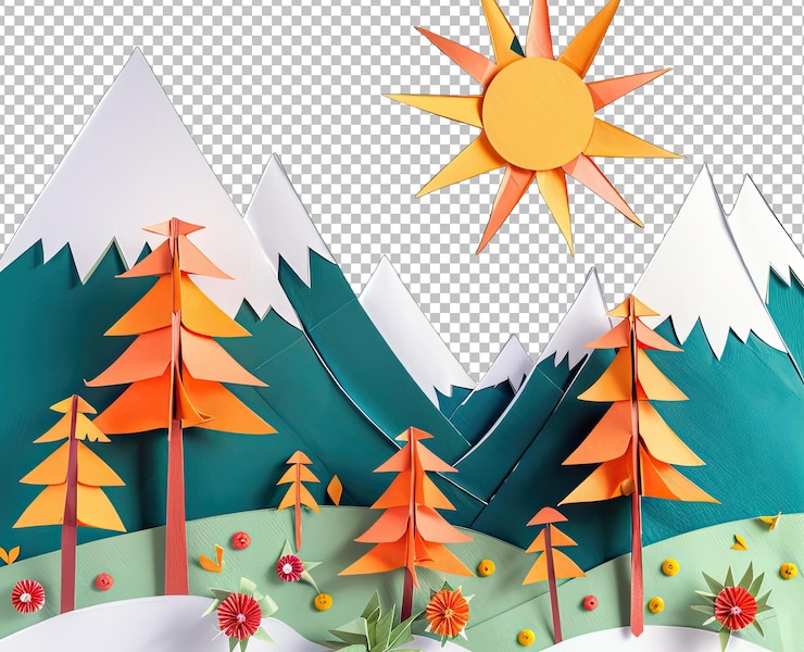 PSD blue mountains maked with cards on white transparent background png