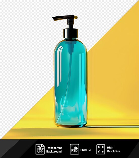 PSD blue neon lotion bottle with dispenser pump on a yellow background