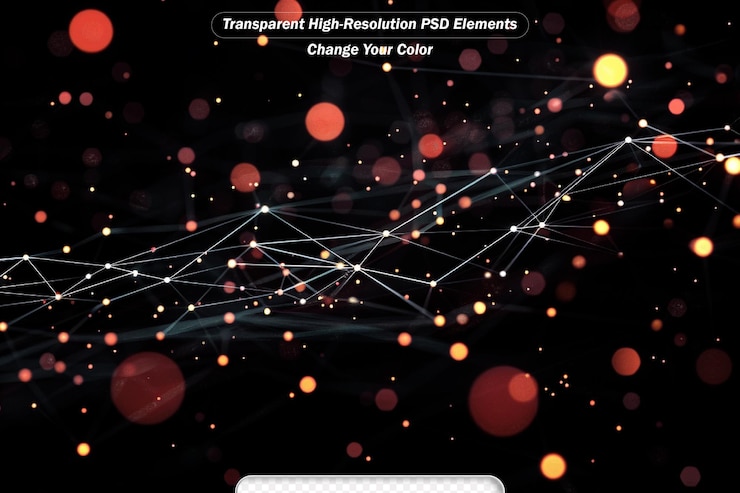 PSD blue network with bright orange dots and shallow depth of field