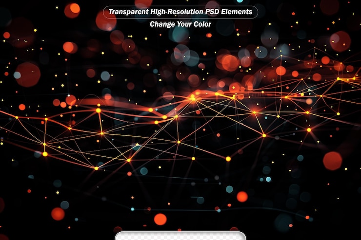 PSD blue network with bright orange dots and shallow depth of field