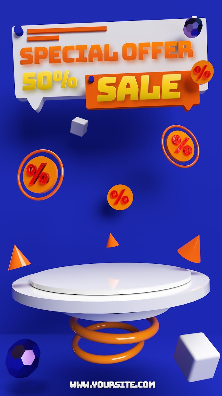 PSD blue ornge 3d editable podium for discount sale product advertising and brand identity