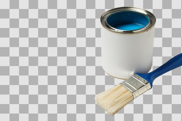 A blue paint can with a brush isolated on white PNG