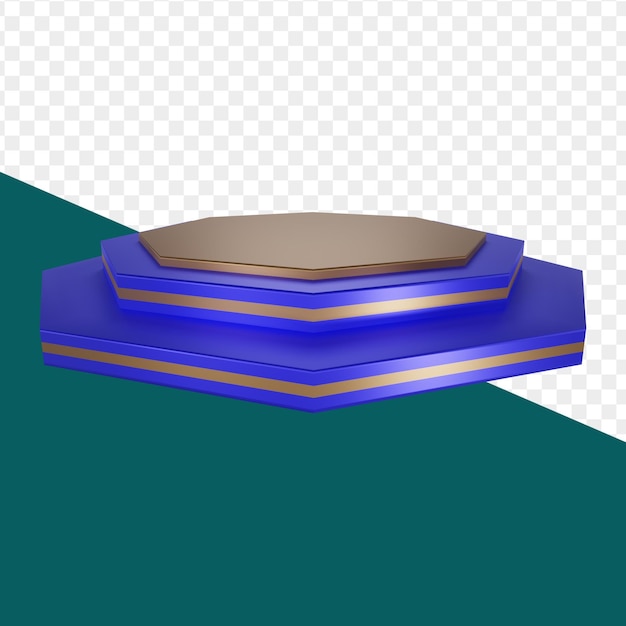 Blue pedestal or podium with golden frame and decoration round border on geometric empty stage