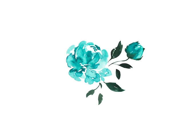 PSD blue peony with green leaves and bud painted in watercolor