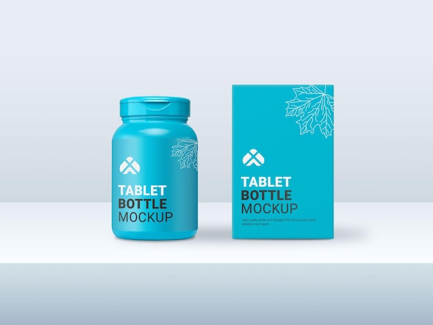 Blue pill bottle with rectangular cardboard package mockup