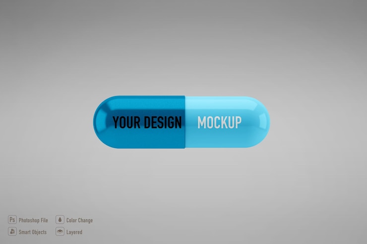 PSD blue pill mockup isolated on soft color background