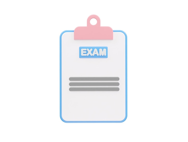 PSD 시험이라는 단어가 새겨진 파란색과 분홍색의 노트 시험 아이콘 렌더링
