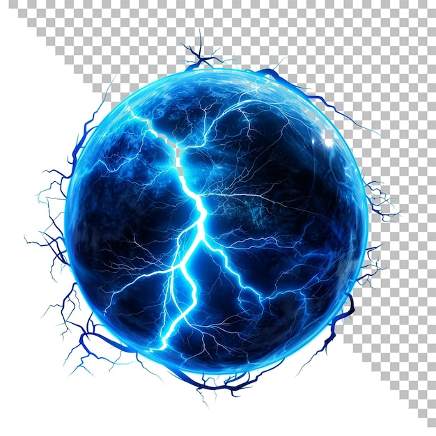 a blue planet with lightning bolts and a blue sphere