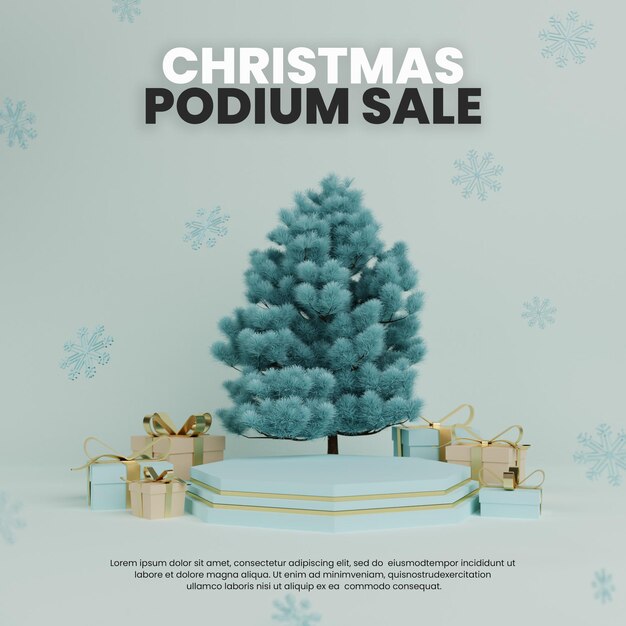 Blue podium with realistic christmas tree and gift box