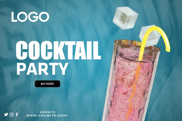 A blue poster for a cocktail party with ice cubes and a glass of ice and a drink with ice cubes floating around it.