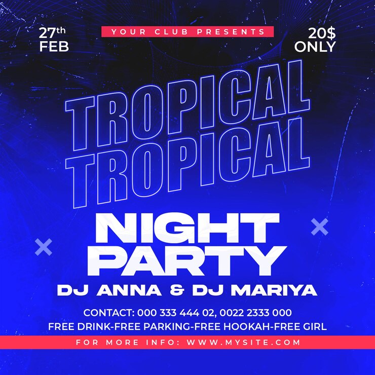 A blue poster for a tropical party with the words " night party " on it.