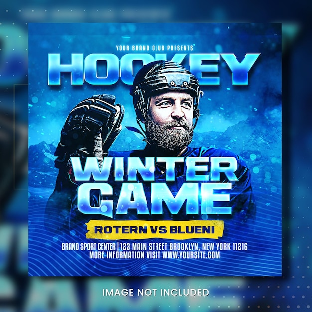 A blue poster for winter game with a man holding a baseball bat.