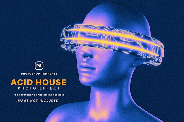 A blue poster with a man wearing a neon mask and the words red house to effect.