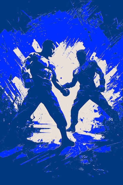 PSD a blue poster with a man and a woman in a boxing ring