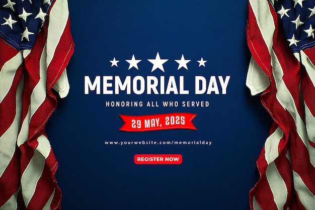 a blue poster with a red ribbon that says memorial day all day