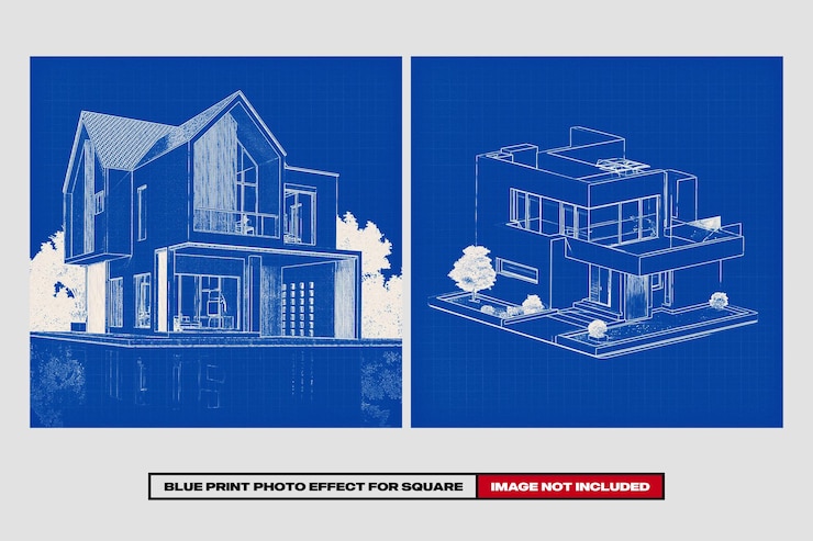 PSD blue print photo effect for square