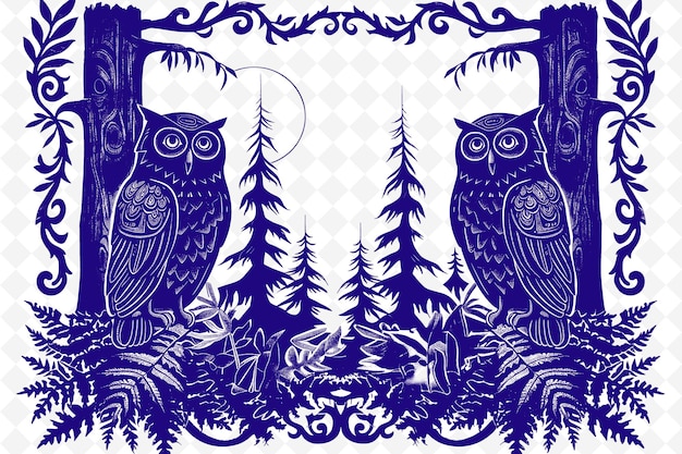 PSD a blue and purple owl and a forest of trees