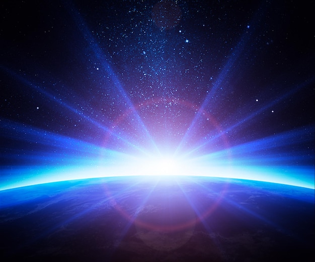 a blue and purple planet with the sun shining over the earth