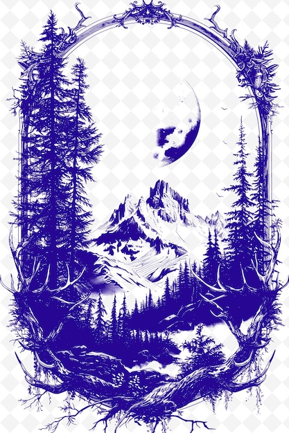 A blue and purple poster with a mountain and trees