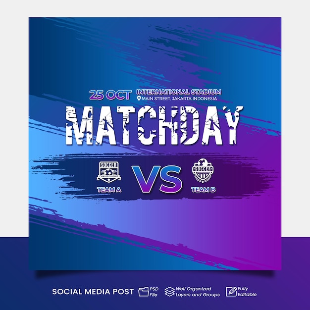 Blue and purple soccer match schedule poster editable club logo