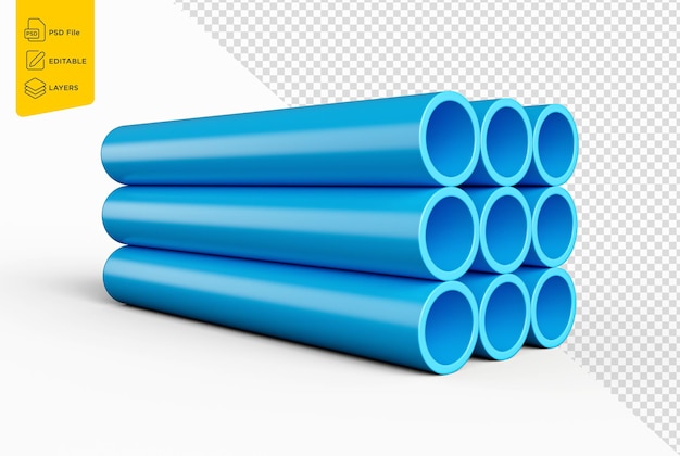 PSD blue pvc pipes stacked on isolated background 3d illustration