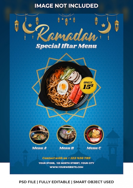 PSD menu di fast food tagliatella giapponese speciale blu ramadan