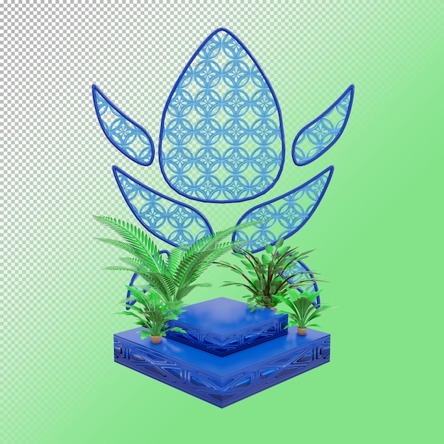 Blue rectangle shape podium product with palm plant in 3d render