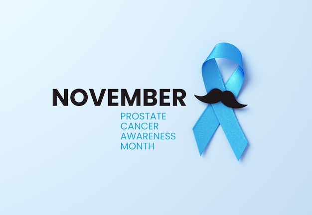 PSD blue ribbon with moustache on a blue background for prostate cancer awareness month banner background in 3d rendering