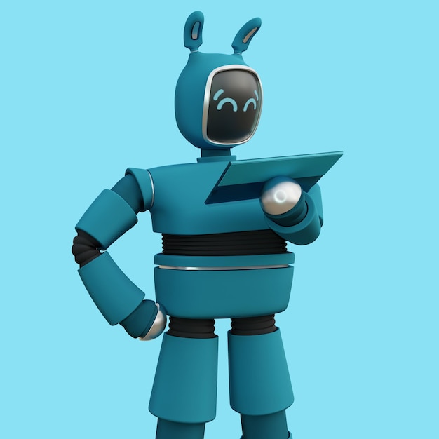 A blue robot is reading a paper with a blue face.