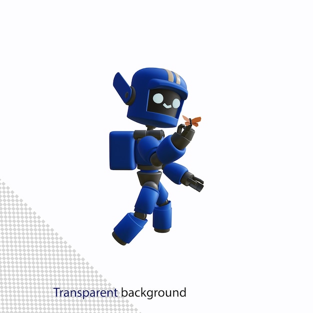 Blue robot look at butterfly in hand high quality 3d render with transparent background