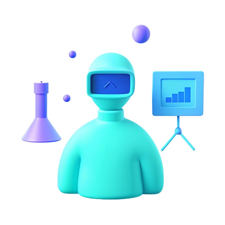 PSD a blue robot with a blue face and a blue screen with a graph on it
