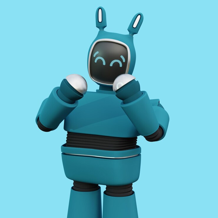 PSD a blue robot with a blue face is standing in front of a blue background.