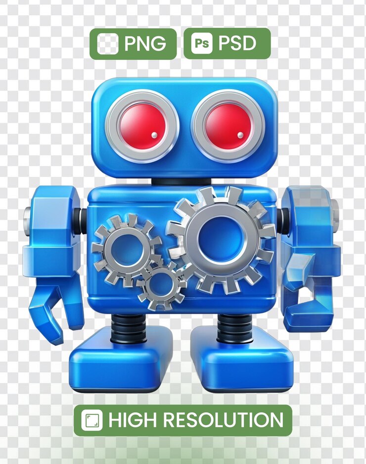PSD a blue robot with a green button on it