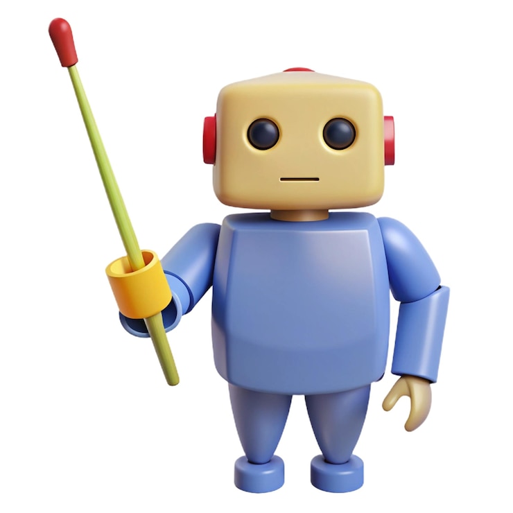 PSD a blue robot with a red headband holding a stick