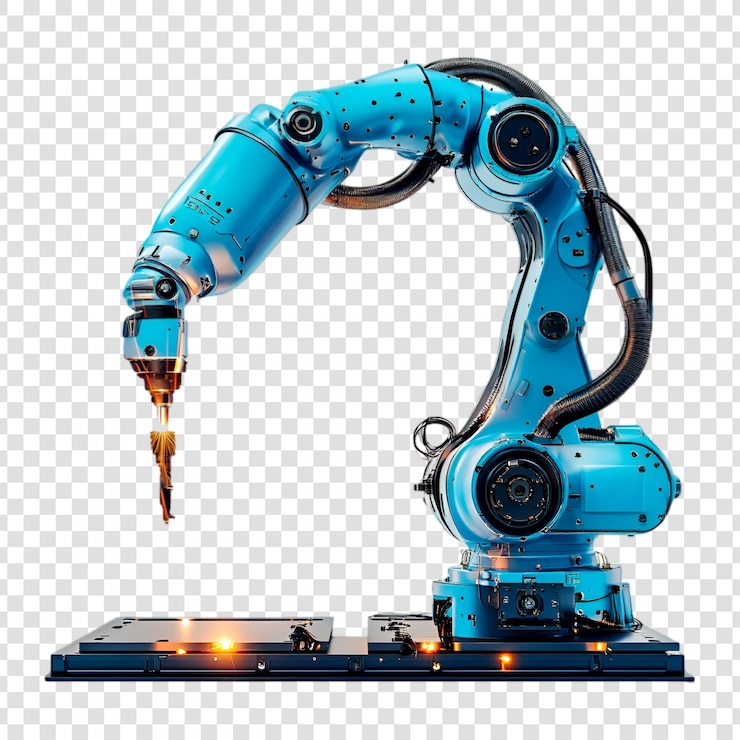 PSD blue robotic arm welding metal workpiece automated manufacturing technology industry