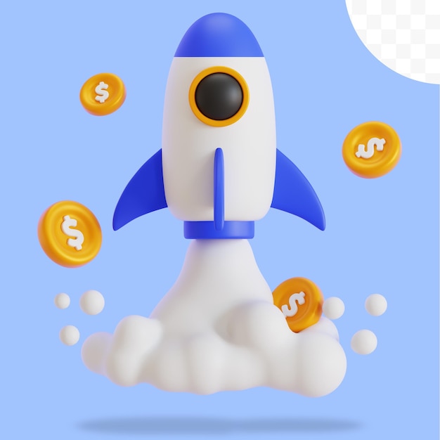 blue rocket with gold coin 3d illustration