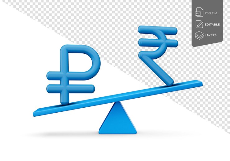 PSD blue ruble and rupee symbol icons with blue balance weight seesaw 3d illustration