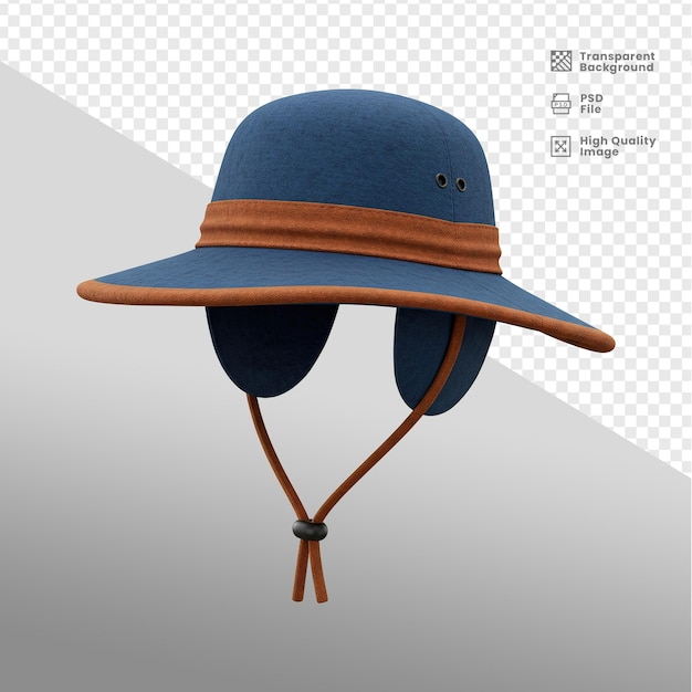 blue safari hat with brown accent and ear flaps