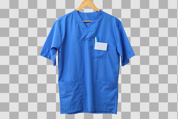Blue scrubs hang on a wooden hanger symbolizing dedication to healthcare on World Doctors Day isolated on white PNG
