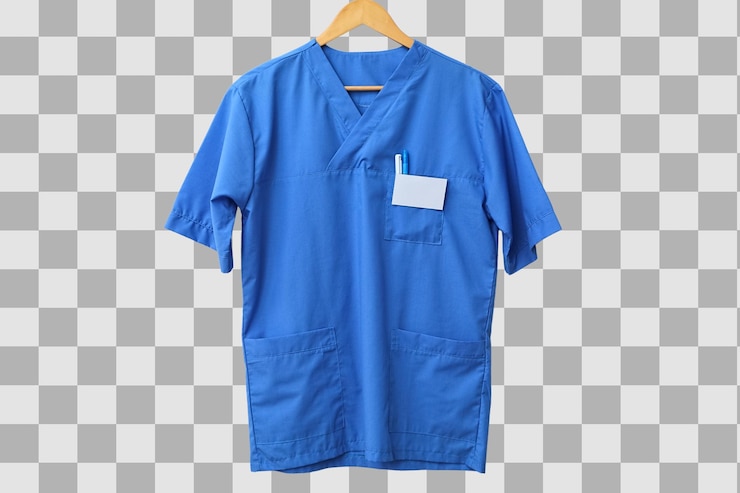 PSD blue scrubs hang on a wooden hanger symbolizing dedication to healthcare on world doctors day isolated on white png