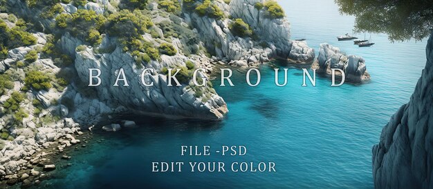 PSD blue sea on rocky cliffs and green trees