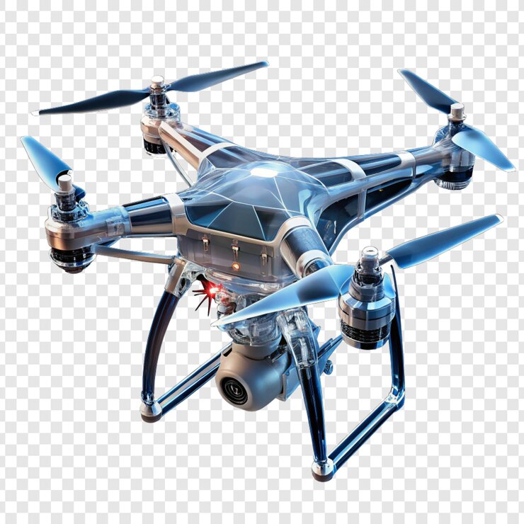 a blue and silver drone with the words  the word  on the front
