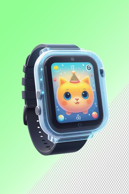 A blue and silver watch with a cartoon cat on the screen