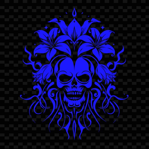 PSD a blue skull with a crown and a pattern of flowers on a black background