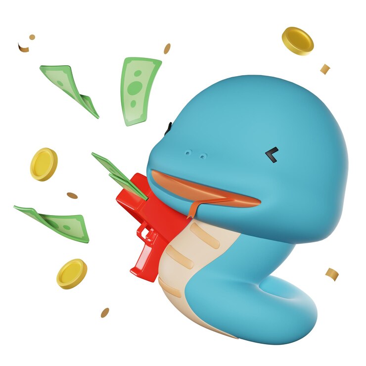 PSD blue snake character shooting a money gun with money pouring out 3d graphics side view