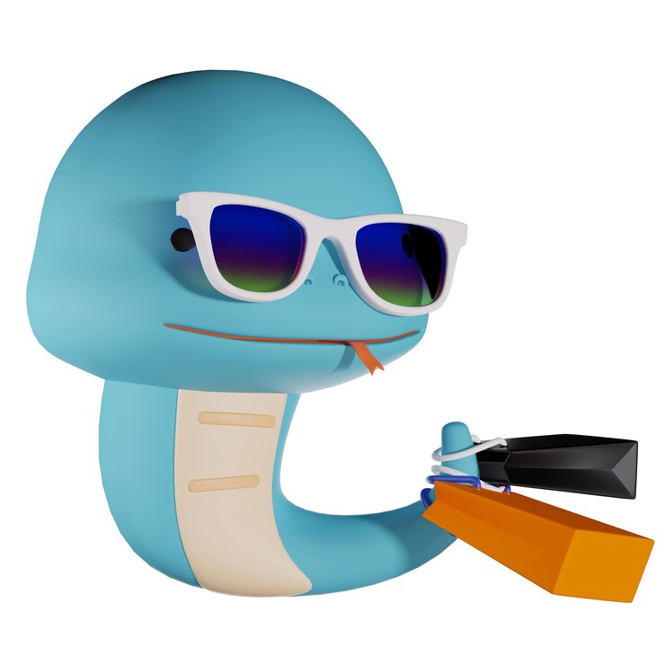 PSD blue snake character wearing sunglasses and carrying shopping bags 3d graphic